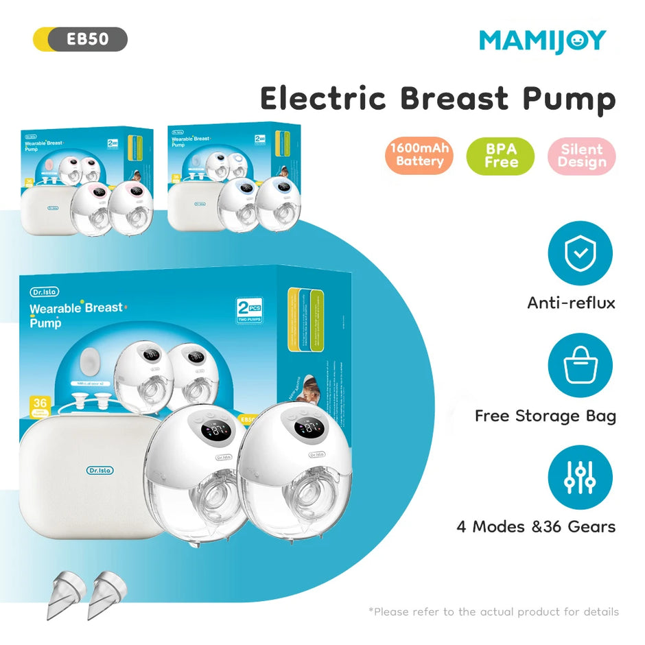 MAMIJOY 2PCS Wearable Electric Breast Pump 4 Modes＆36Suction Levels Silent Leak-Proof Hands Free Portable Breast Pumps EB50D