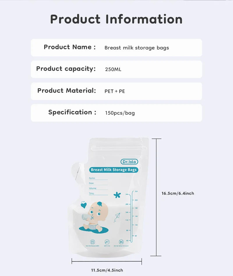 MAMIJOY 250ML Breast Milk Storage Bag 30/150PCS Two track Seal Independent Spout Design Milk Storage Bag BPA Free Gift Pen MSB01