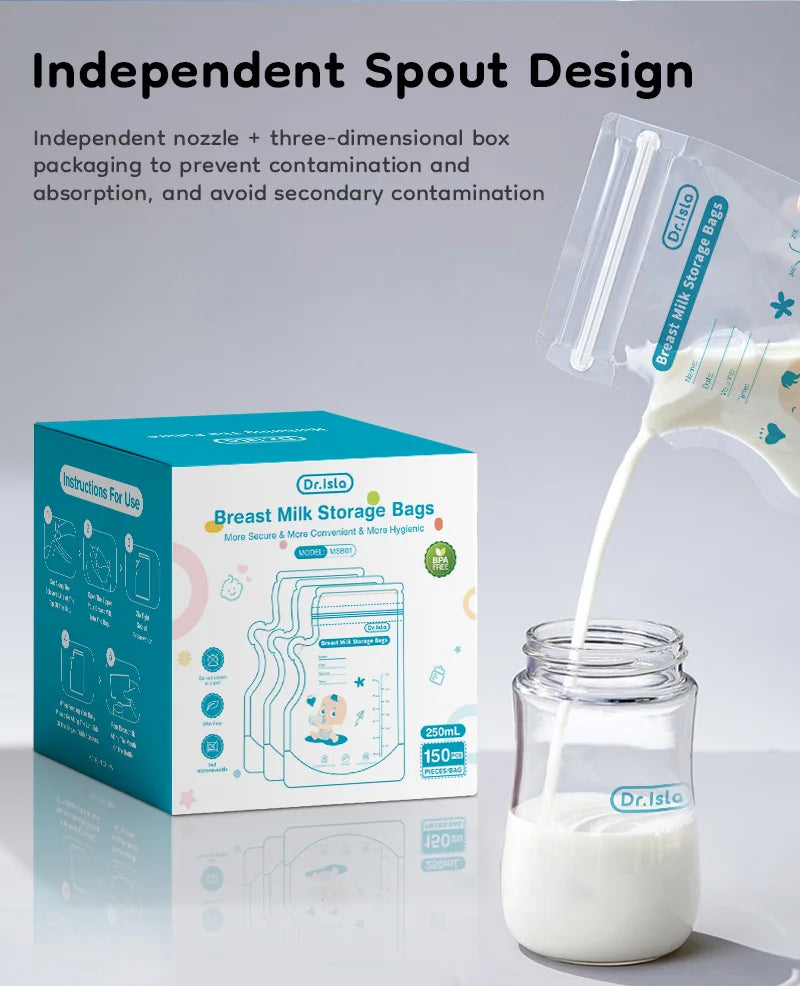 MAMIJOY 250ML Breast Milk Storage Bag 30/150PCS Two track Seal Independent Spout Design Milk Storage Bag BPA Free Gift Pen MSB01