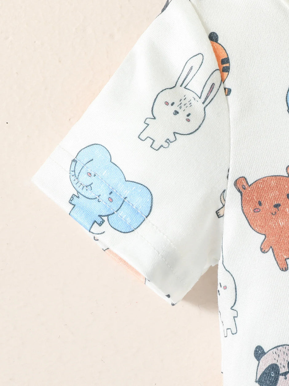2PCS Baby Boys Summer Short Sleeve Cartoon Animal Suspenders Suit For Newborn-6M Casual Daily Wear