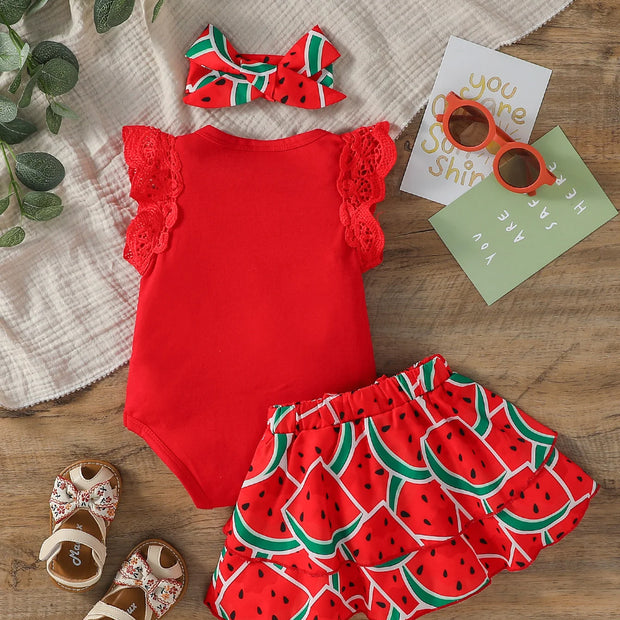 Baby Gilrs Summer Sleeveless Printing Watermelon Fashion Shirt Set For Vacation Or Streetwear