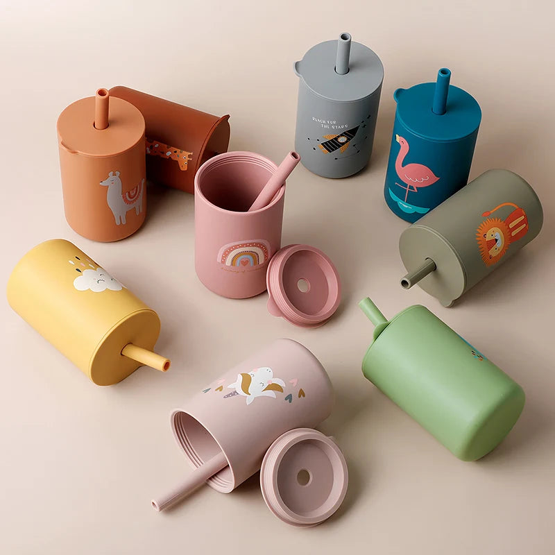 Baby Feeding Drinkware Straw Cup Baby Cartoon Learning Feeding Cup Food Grade Silicone Toddler Water Bottle Tableware BPA Free