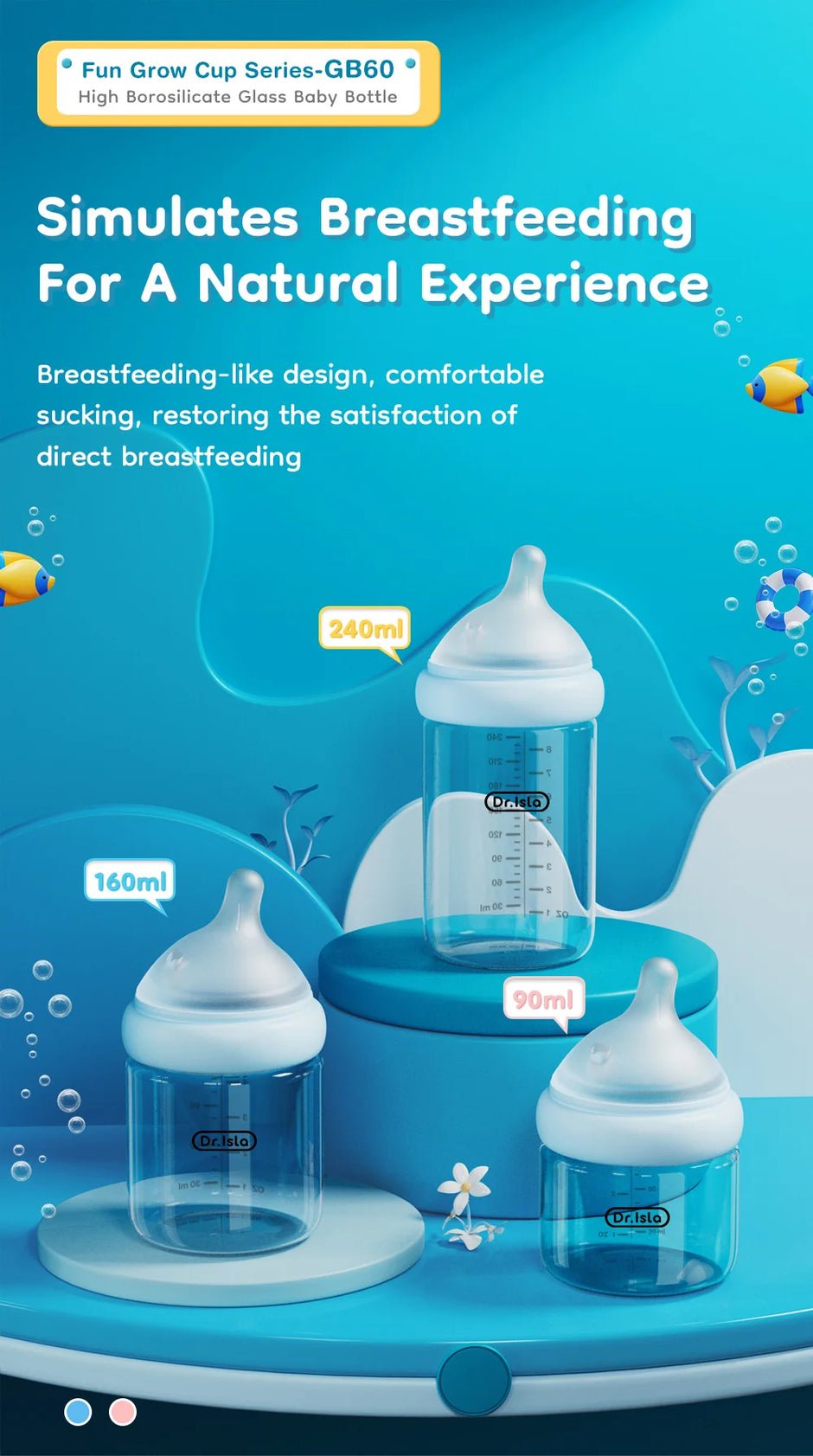 MAMIJOY 90/160/240ML Baby Glass Bottle Inclined Breast-Shaped Anti-Colic＆Bloating Temperature-Resistant For Newborn 0-6M+ GB60