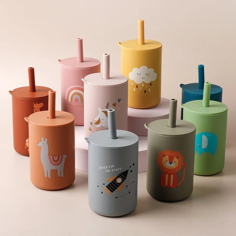 Baby Feeding Drinkware Straw Cup Baby Cartoon Learning Feeding Cup Food Grade Silicone Toddler Water Bottle Tableware BPA Free