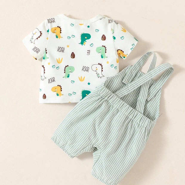 2PCS Baby Boys Summer Short Sleeve Cartoon Animal Suspenders Suit For Newborn-6M Casual Daily Wear