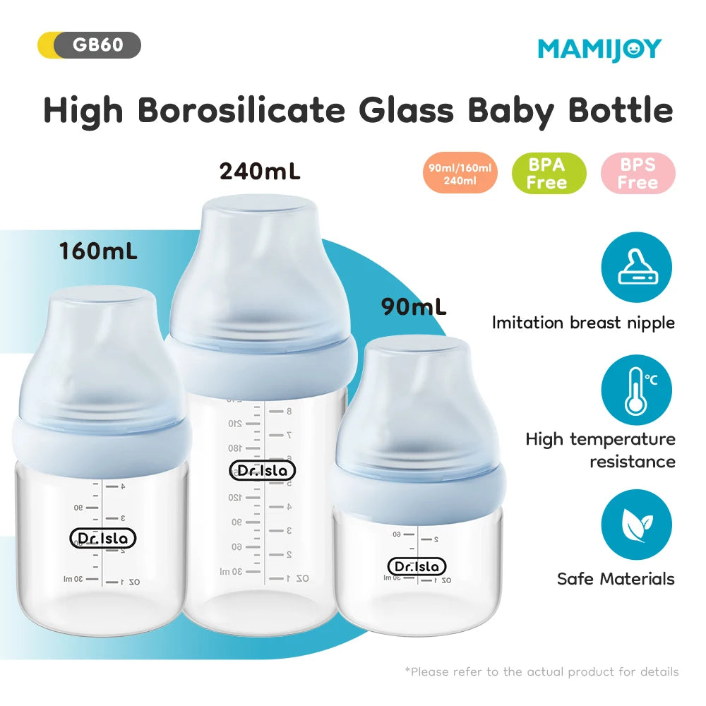 MAMIJOY 90/160/240ML Baby Glass Bottle Inclined Breast-Shaped Anti-Colic＆Bloating Temperature-Resistant For Newborn 0-6M+ GB60