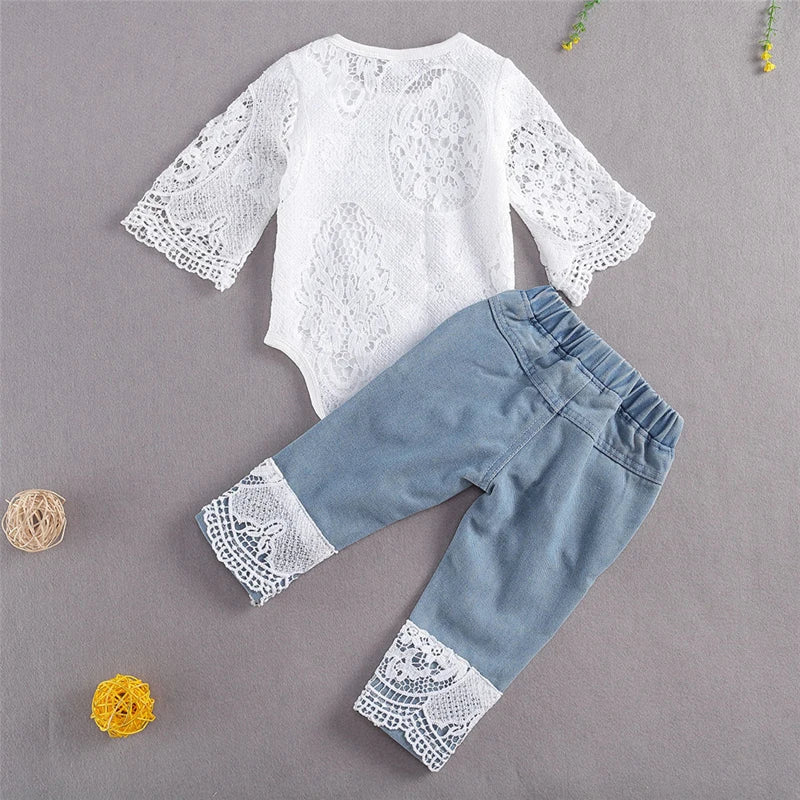 New 0-24M Baby Girls Fall Clothes Long Sleeve Lace Romper Suit Triangle Crotch Lace Top  Hole Long Jeans 2Pcs Outfit