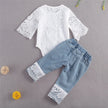 New 0-24M Baby Girls Fall Clothes Long Sleeve Lace Romper Suit Triangle Crotch Lace Top  Hole Long Jeans 2Pcs Outfit