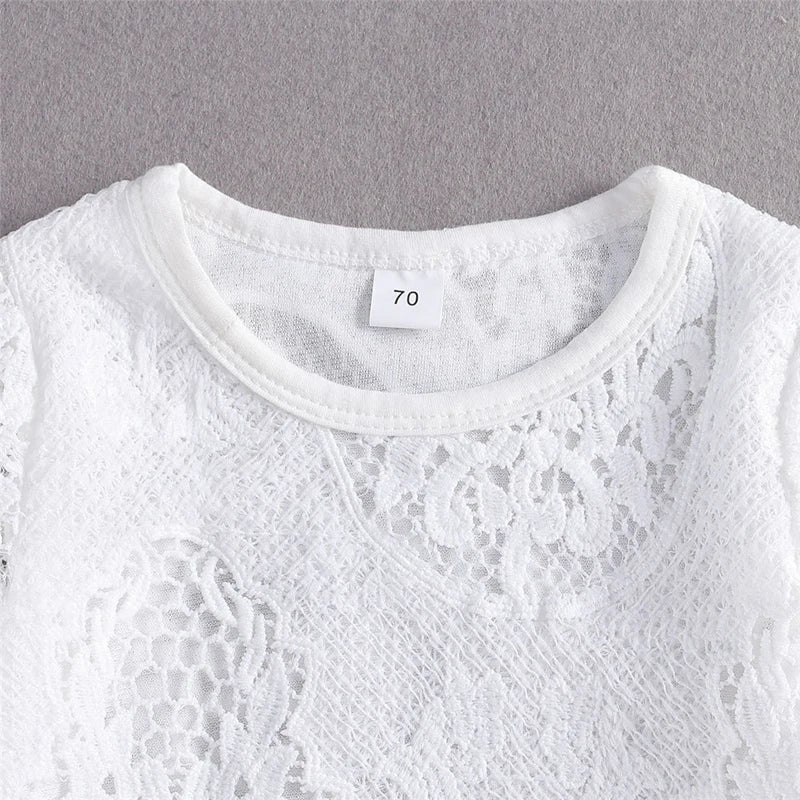 New 0-24M Baby Girls Fall Clothes Long Sleeve Lace Romper Suit Triangle Crotch Lace Top  Hole Long Jeans 2Pcs Outfit