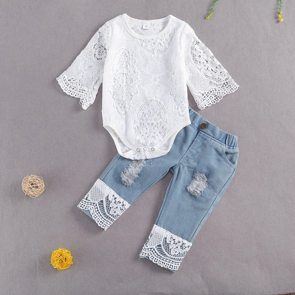 New 0-24M Baby Girls Fall Clothes Long Sleeve Lace Romper Suit Triangle Crotch Lace Top  Hole Long Jeans 2Pcs Outfit