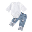 New 0-24M Baby Girls Fall Clothes Long Sleeve Lace Romper Suit Triangle Crotch Lace Top  Hole Long Jeans 2Pcs Outfit