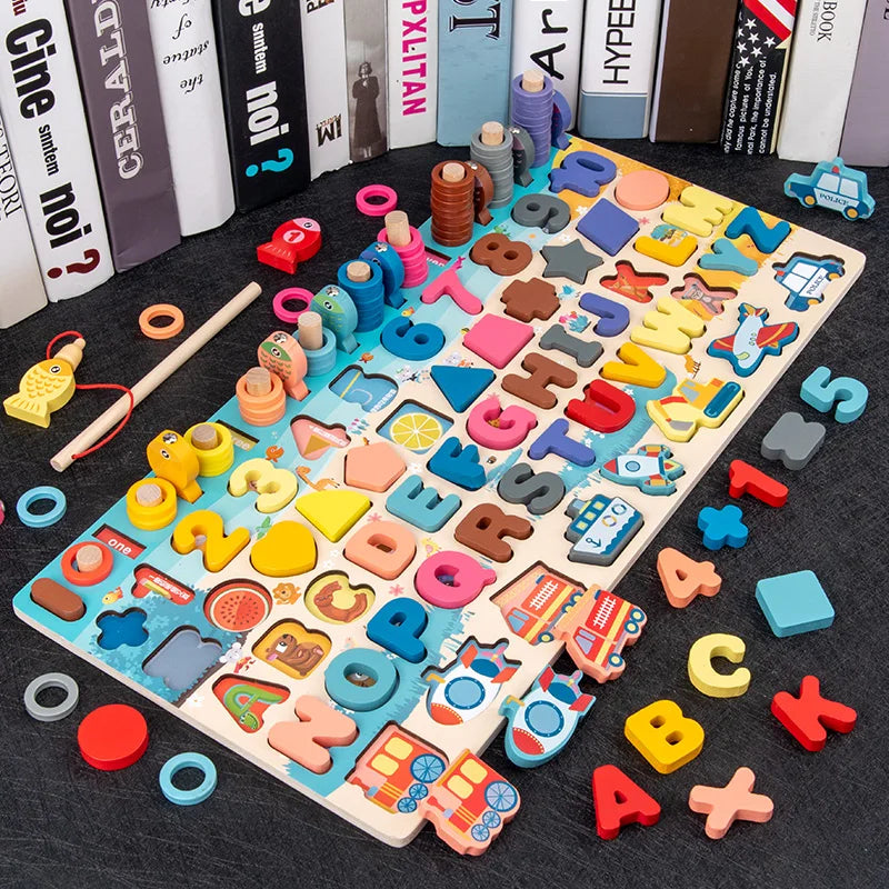 3D Preschool Children Educational Toys Wooden Montessori Arithmetic Magnetic Fishing Digital Shape Matching Building Block Toys