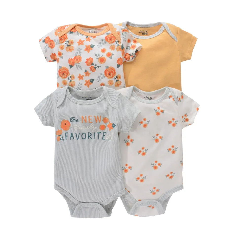 4PCS Newborn Infant Romper Short Sleeve Round Neck Cartoon Animal Flowers Print Bodysuit Onesies For Baby Boys And Girls Clothes