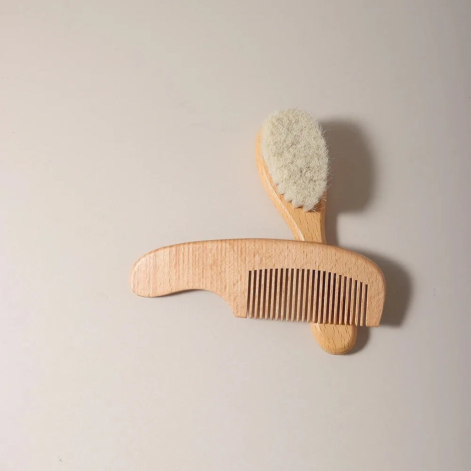 2pcs Baby Comb Set Baby Care Hair Brush Beech Soft Wool Wood Comb Newborn Massager Baby Shower And Gift Baby Hair Soothing