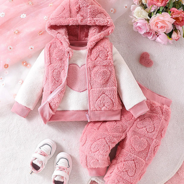 Three piece set of fashionable and casual jacquard love plush hooded vest and love plush top and pants set for baby girls