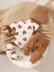 4PCS Clothing Set 0-9 Months Newborn Baby Boy Bear Short Sleeve Romper+Pants+Hat+Sock Infant Baby Full Moon Photography Outfits