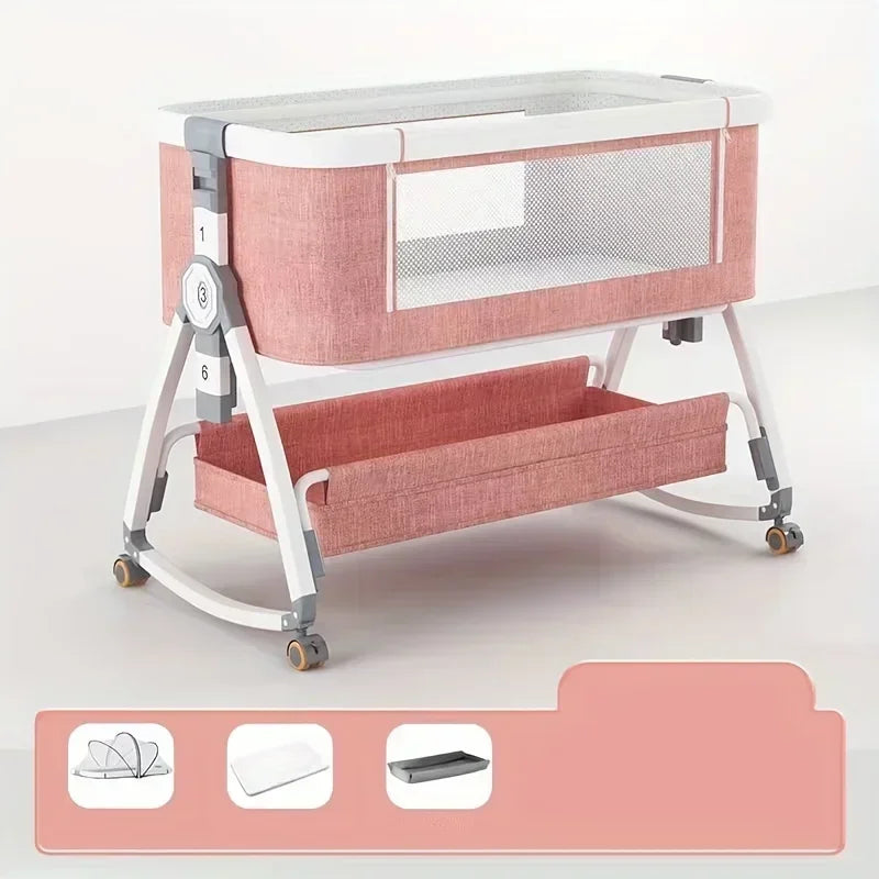 1pc Multi Functional Baby Crib with Foldable Height Adjustment Splicing Portable and Movable Bedside Swing, Cradle, Sleeping Bed