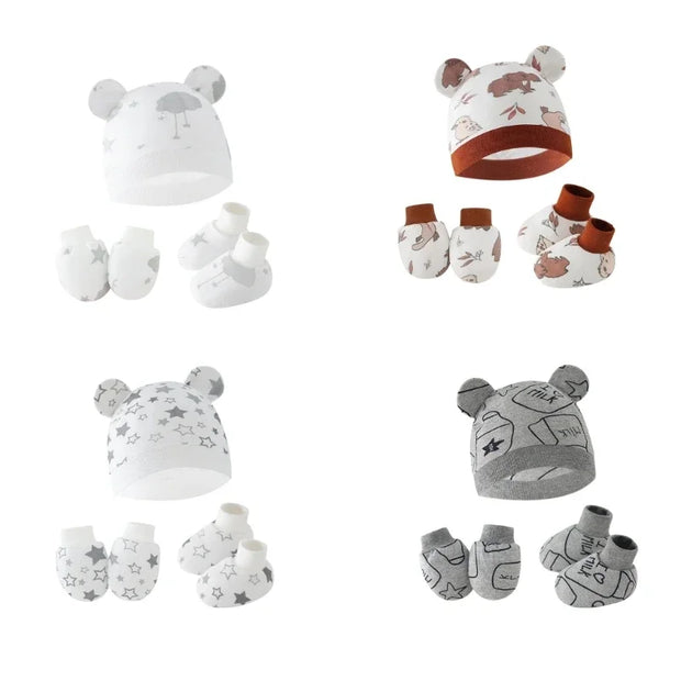 Newborn Baby Hat Anti Scratch Gloves and Socks Set Cotton Headwear Anti-grab Mittens and Foot Cover for Boys Girls
