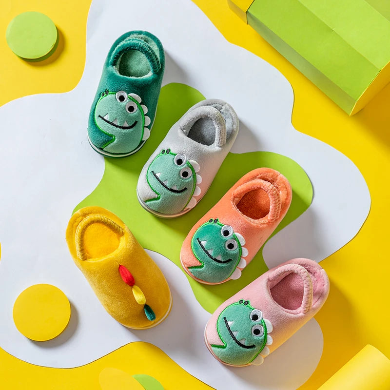 Boys Girls Winter Home Cotton Shoes Cartoon Dinosaur Embroidery Plush Slippers Back Wrap Soft Sole Non-slip Indoor Warm Shoes