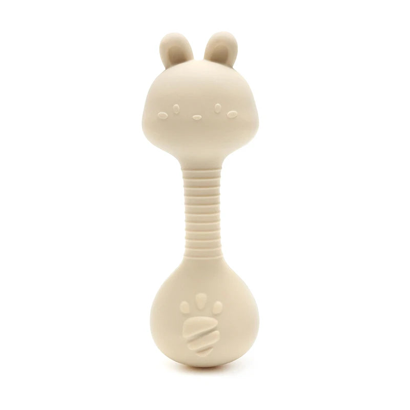 Food-Grade Baby Bunny Silicone Rattle Teether – Dumbbell Shape for Easy Grip, Handheld Toy for Infants