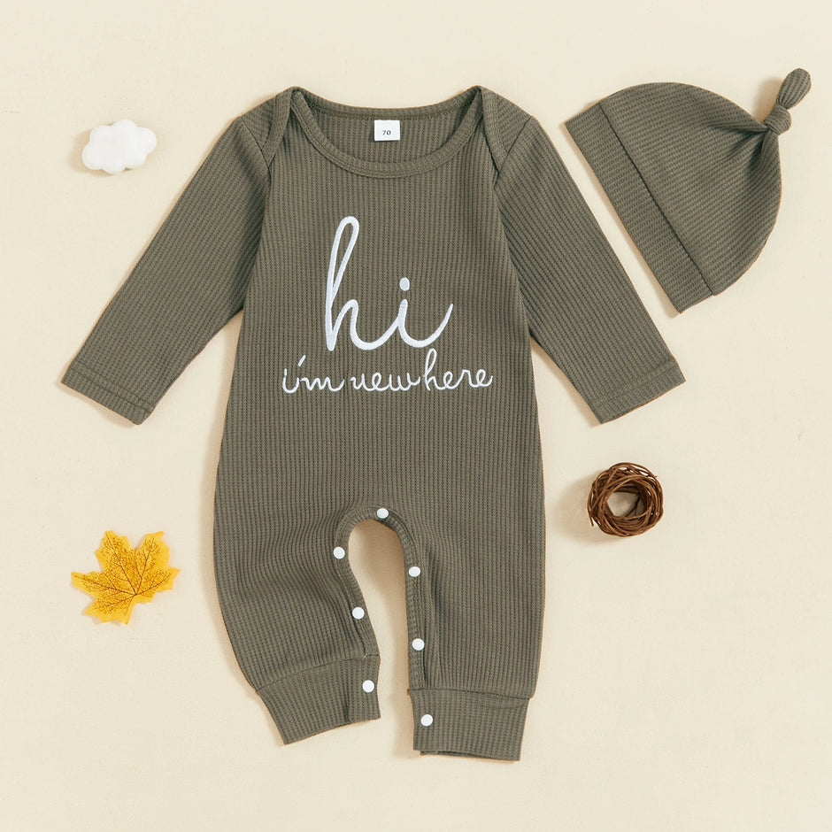 Citgeett Autumn Infant Baby Boy Romper Casual Letter Print Long Sleeve Jumpsuit Beanies Hat Set Fall Outfit Clothes