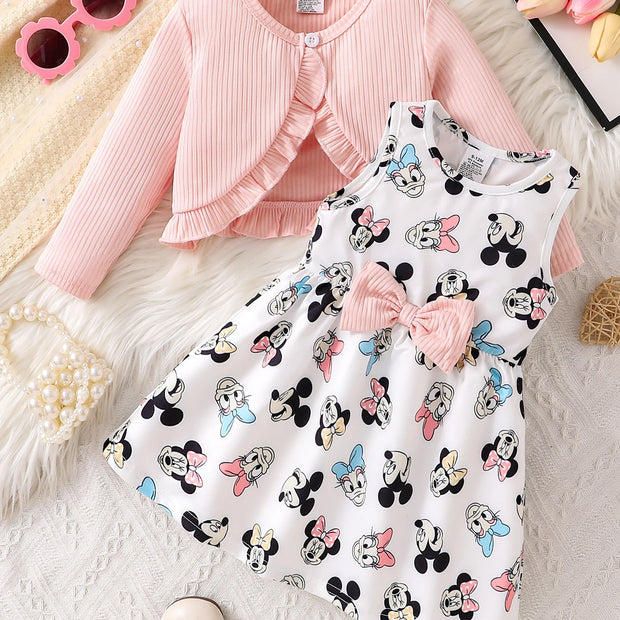Disney Minnie and Daisy 2Pcs Spring, Autumn, and Winter Baby Girl Dress Set Baby Knitted Button Skirt Cardigan Long Sleeve Jacket + Cartoon Minnie and Daisy All-Over Print Bow Decoration Waist-Tie Dress Children's Everyday Ve