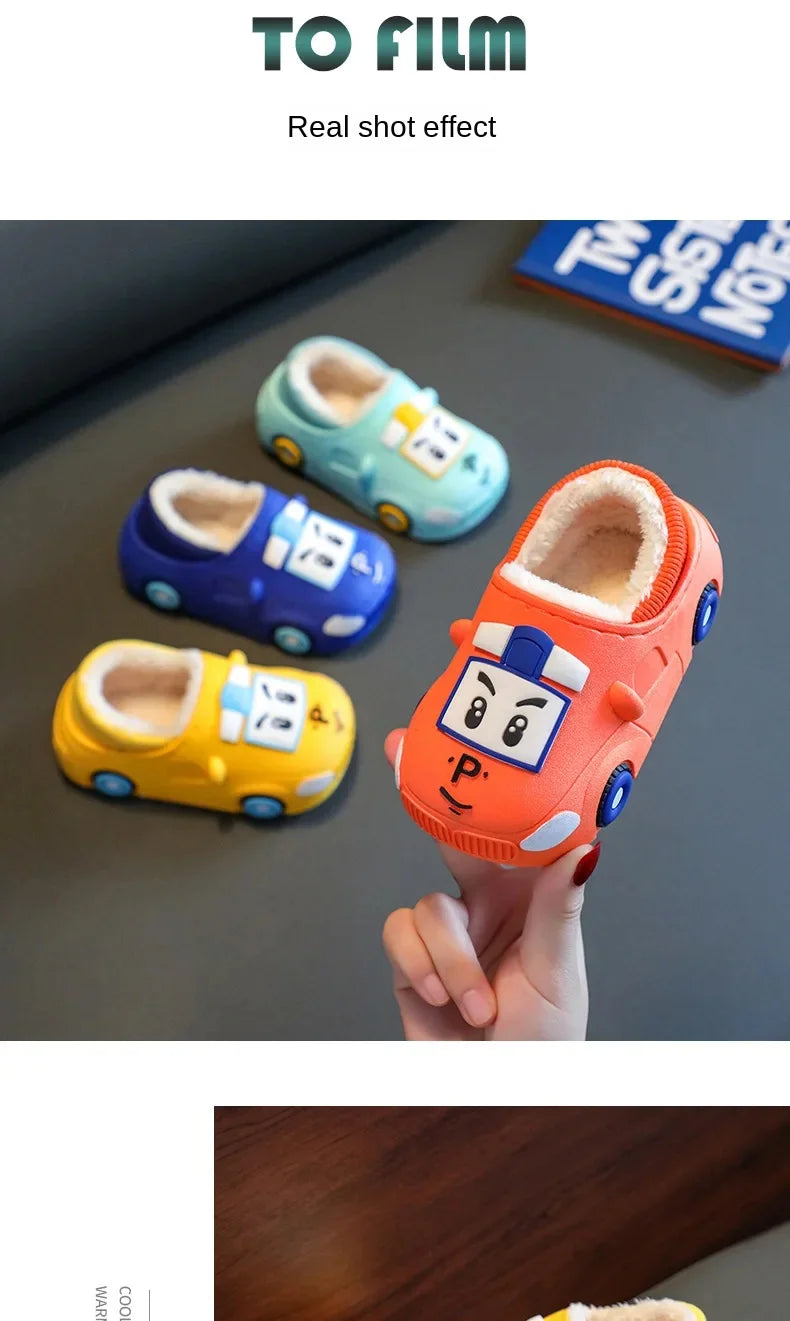 Cartoon Car Slippers Children Winter Warmer Plush Slides Babi Lovely Indoor Slippers Shoes Kids