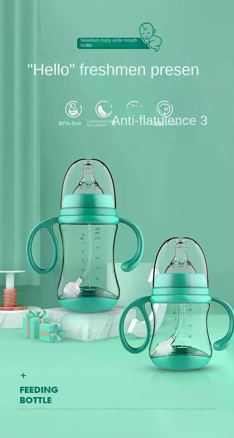 Baby Silicone Feeding Bottles Infant Drop-proof Milk Bottle with Straw Child Anti-hot Handle Drinking Bottle Baby Milk Feeding