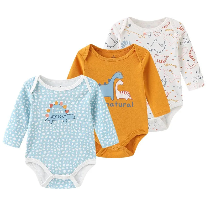 Kiddiezoom 3 Pcs Newborn Cartoon Long Sleeve 100%cotton Baby Boy Girl Bodysuit Soft Infant Onesies Clothes