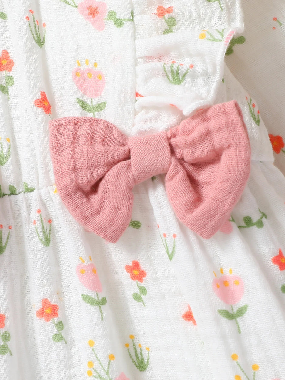 Baby Girls Summer Long Sleeve Printing Love With Bowknot  For Casual Daily Cotton Jumpsuit