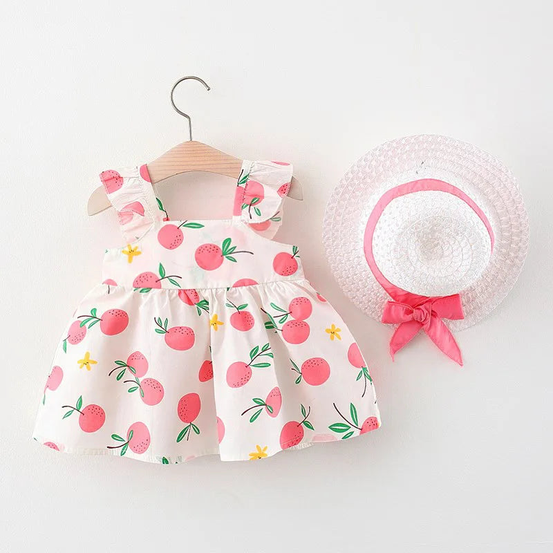 2 PcsSummer New Full of Fruit Print Big Bow Cotton Skirt Girl's Cotton Skirt Free Straw Hat