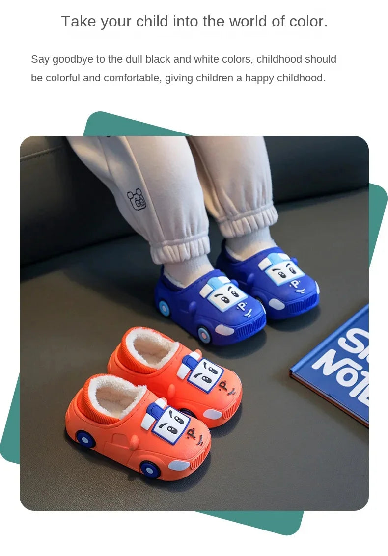 Cartoon Car Slippers Children Winter Warmer Plush Slides Babi Lovely Indoor Slippers Shoes Kids