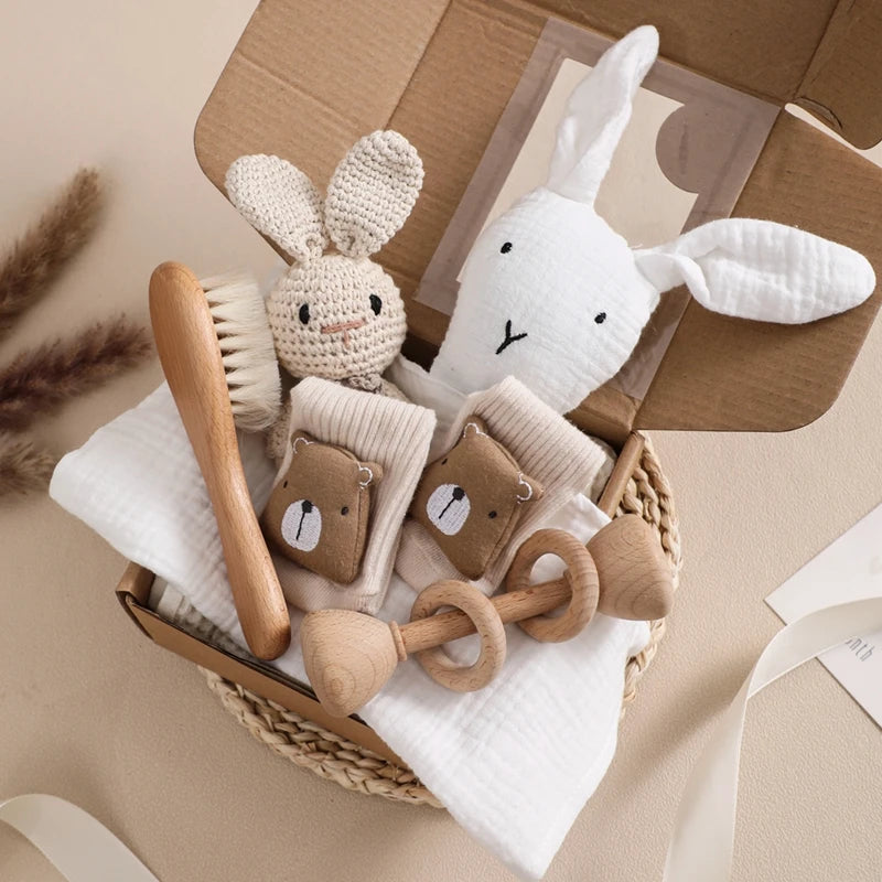 Let's Make Baby Bath Toy Set Double Sided Cotton Blankets Crochet Rattle Wooden Ring Infant Teether Bath Brush For Newborn Gift