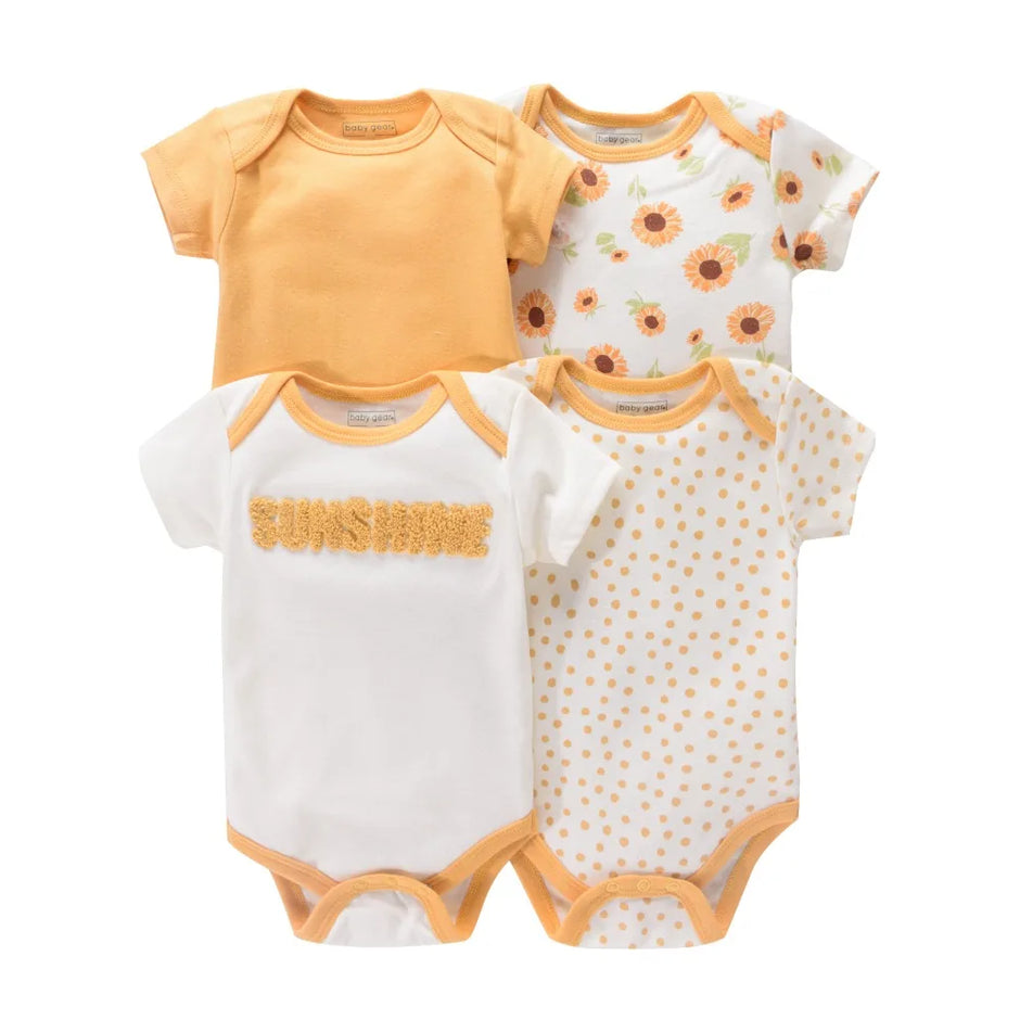 4PCS Newborn Infant Romper Short Sleeve Round Neck Cartoon Animal Flowers Print Bodysuit Onesies For Baby Boys And Girls Clothes