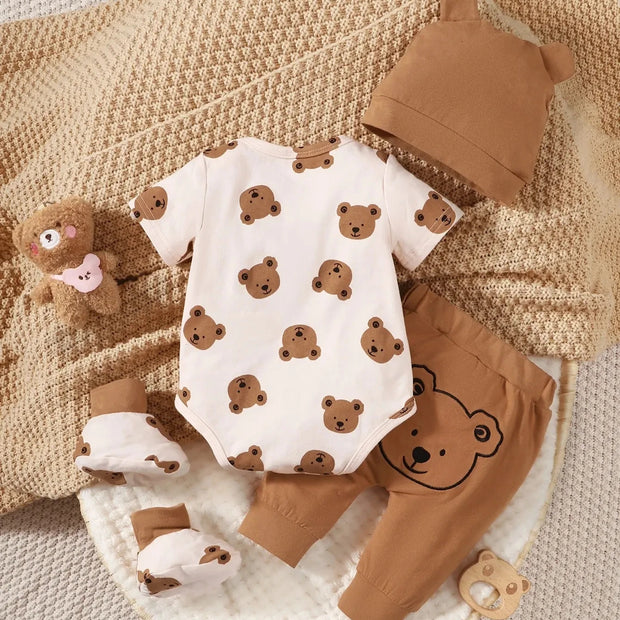 4PCS Clothing Set 0-9 Months Newborn Baby Boy Bear Short Sleeve Romper+Pants+Hat+Sock Infant Baby Full Moon Photography Outfits