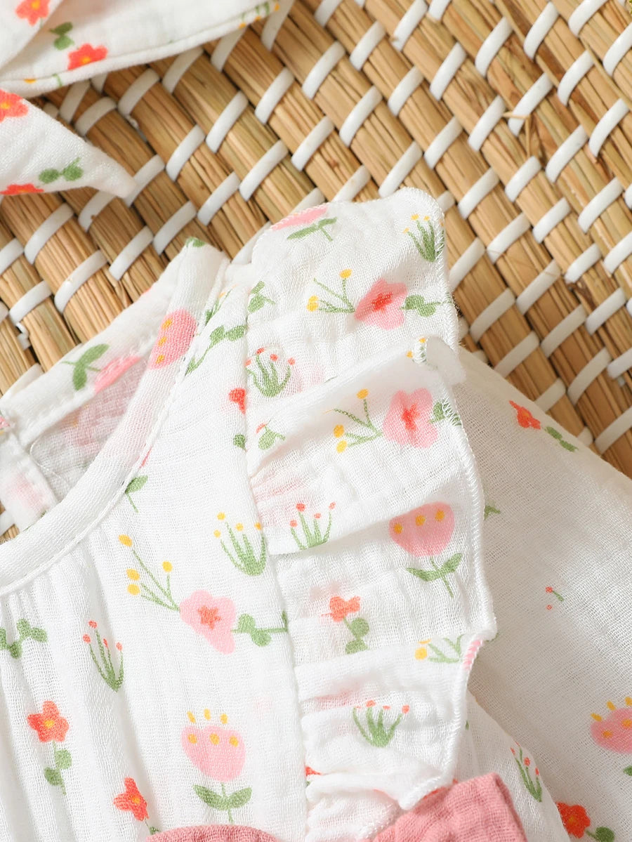 Baby Girls Summer Long Sleeve Printing Love With Bowknot  For Casual Daily Cotton Jumpsuit