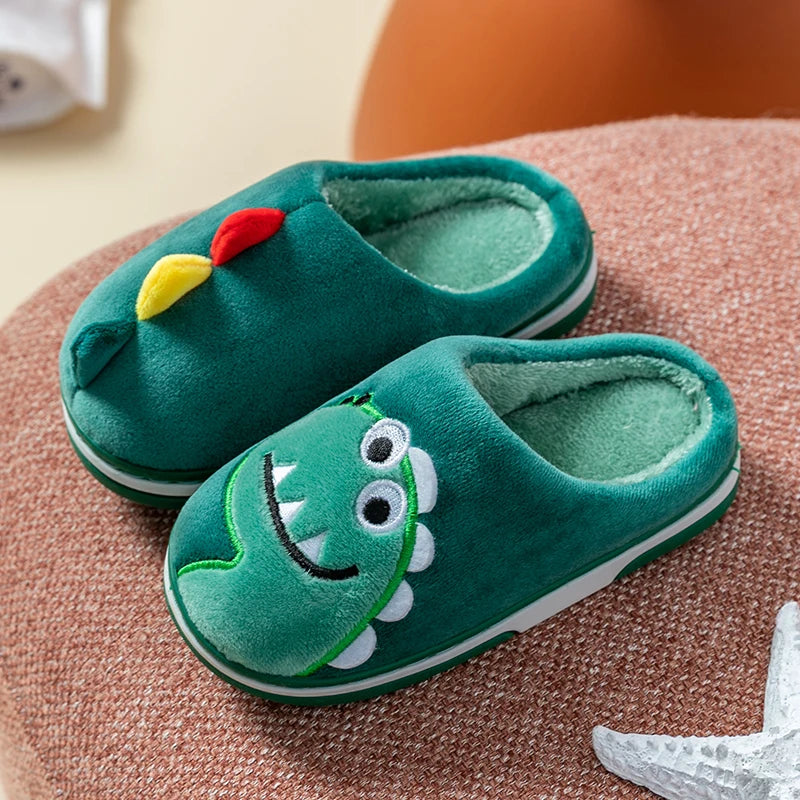Boys Girls Winter Home Cotton Shoes Cartoon Dinosaur Embroidery Plush Slippers Back Wrap Soft Sole Non-slip Indoor Warm Shoes