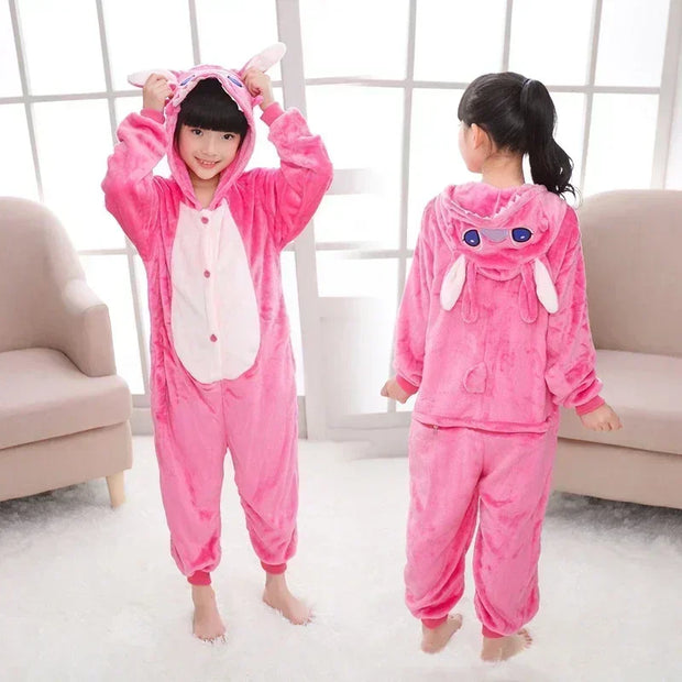 Stitch Pajama Children Cartoon Plush Kigurumi Onesies Winter Warm Clothes for Girls Christmas Gifts