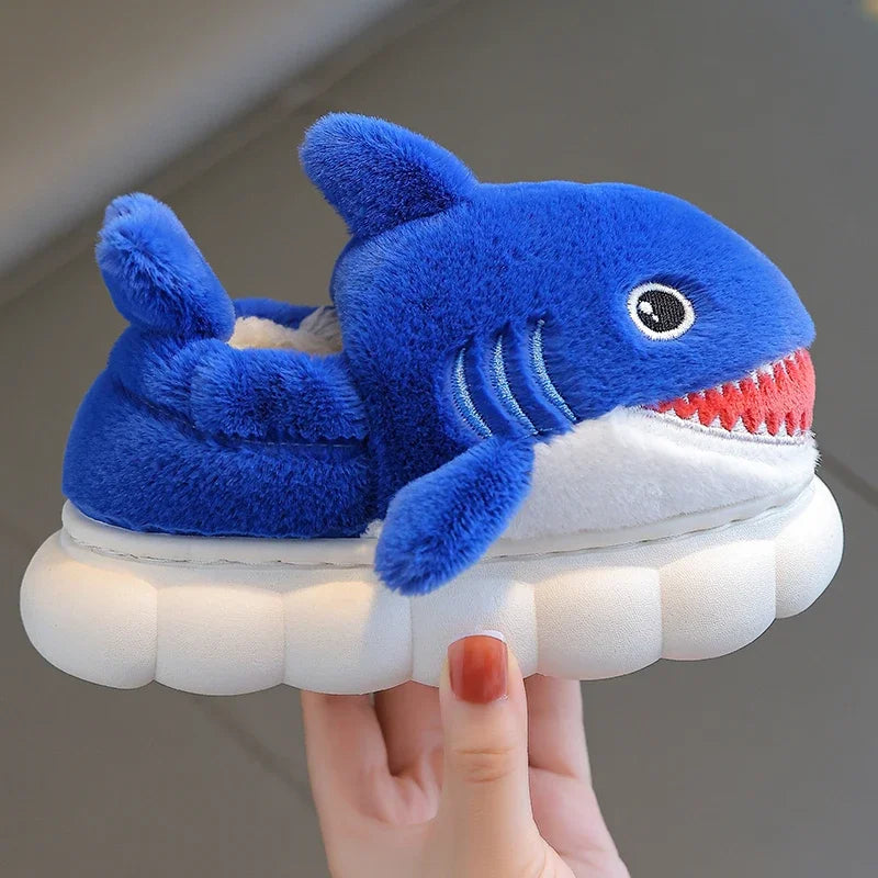 New Winter Wrap Heels Cute Cartoon Shark Cotton Slippers Children's Non-slip Soft For Kids Girls Boys Baby Warm Plush Home Shoes