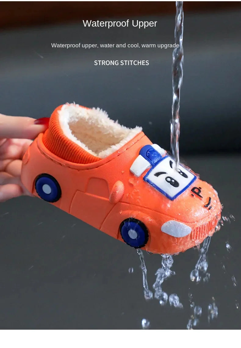 Cartoon Car Slippers Children Winter Warmer Plush Slides Babi Lovely Indoor Slippers Shoes Kids