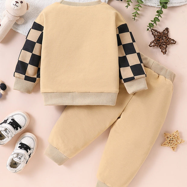 2-piece set of fashionable and casual round neck patchwork plaid long sleeved hoodie and pants for baby boys, autumn and winter