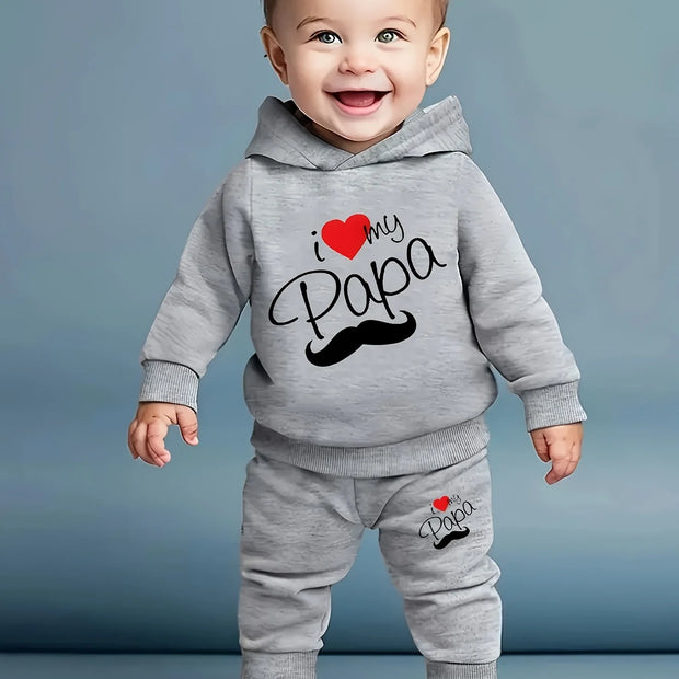 Newborn Baby Boy Long Sleeve Fleece Hoodie with Cartoon Letter Heart Print  Casual Sports Pants Set Autumn Winter