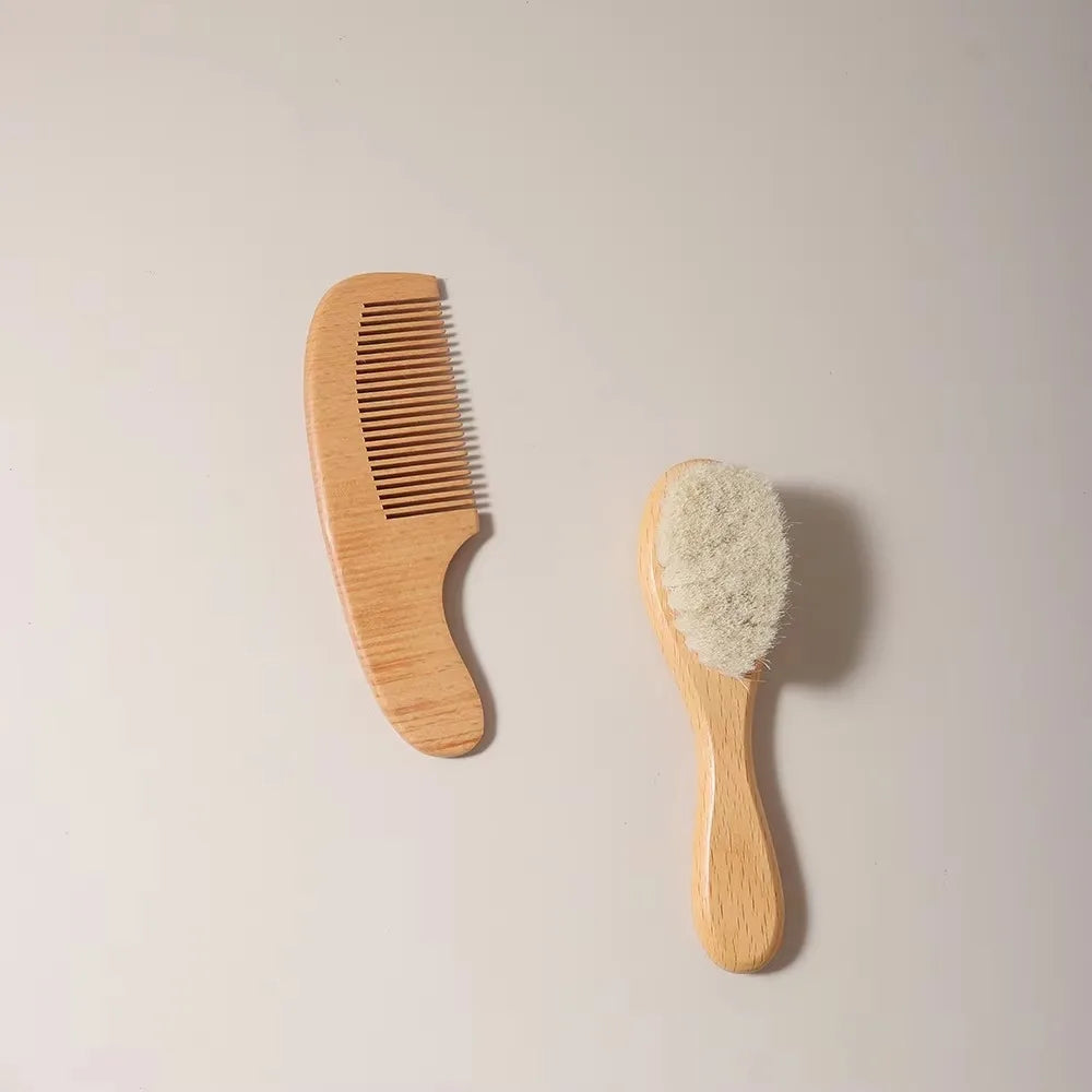 2pcs Baby Comb Set Baby Care Hair Brush Beech Soft Wool Wood Comb Newborn Massager Baby Shower And Gift Baby Hair Soothing