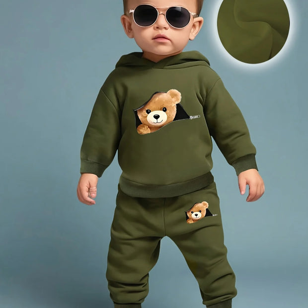 Newborn Baby Boy Fun Cartoon Bear Print Long Sleeve Fleece Sweatshirt with Casual Sports Pants Set Spring Autumn Gift