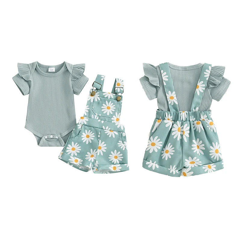 0-18months infant Girls Shorts Set Short Sleeve Romper Flower Print Suspender Shorts Summer Outfit for Baby girls
