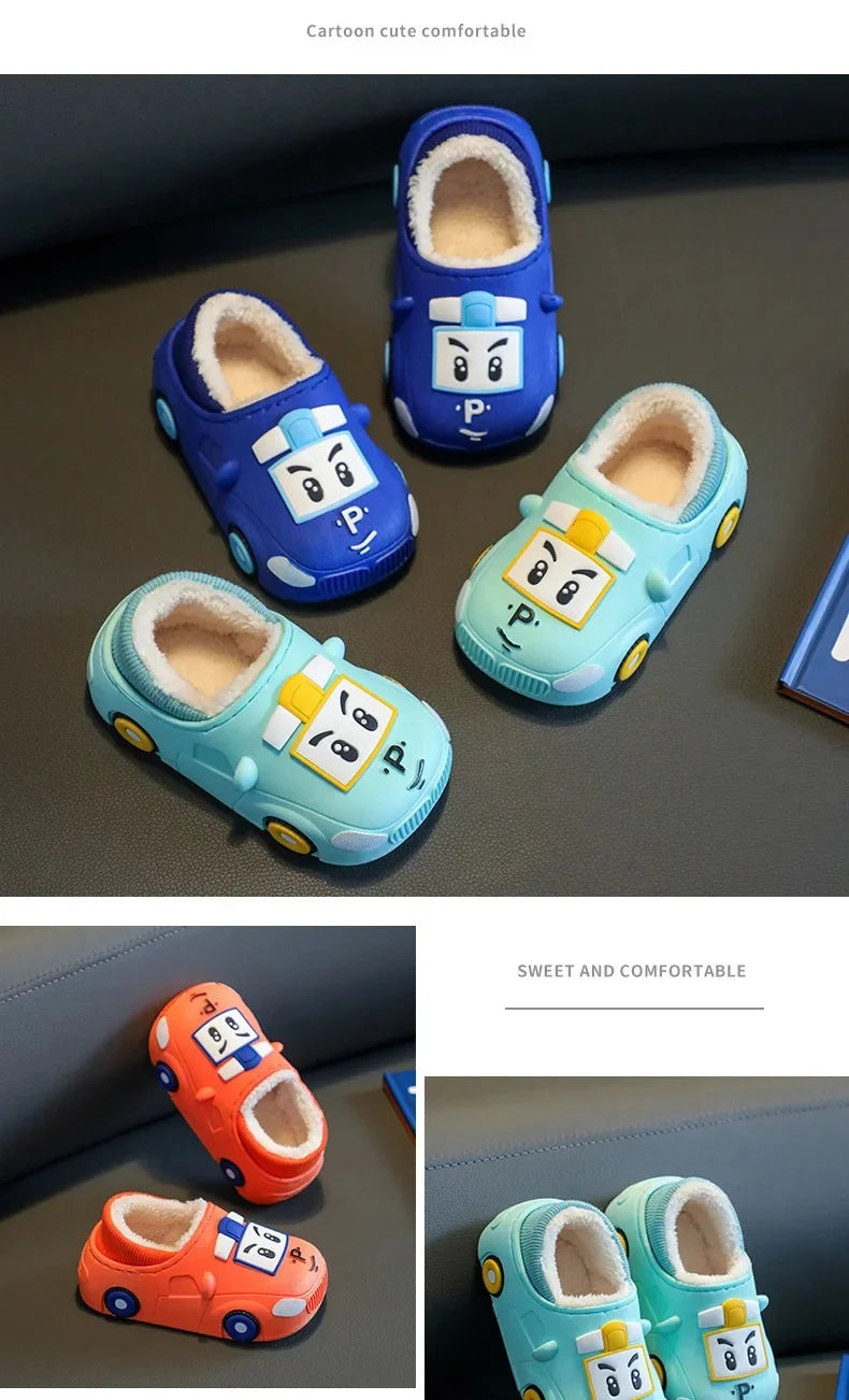Cartoon Car Slippers Children Winter Warmer Plush Slides Babi Lovely Indoor Slippers Shoes Kids