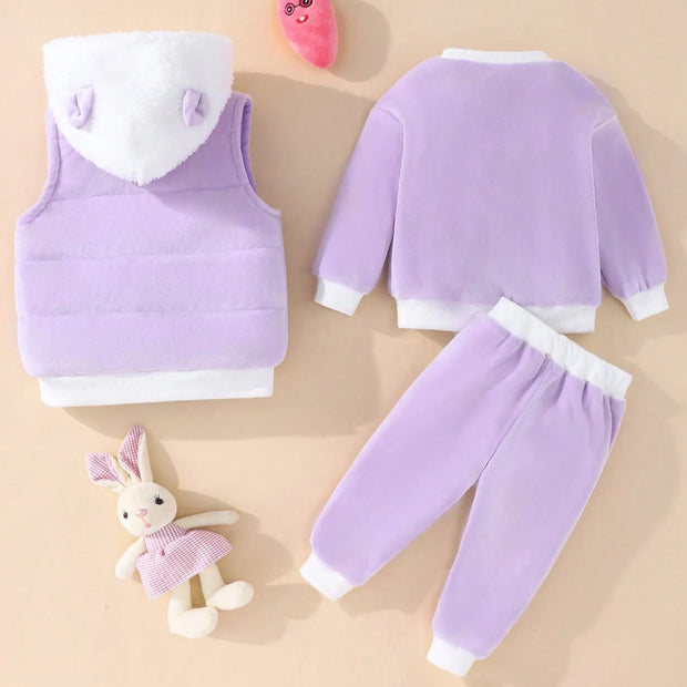 A Sweet And Cute Rabbit Embroidery Warm Suit For Baby Girls In Autumn And Winter + A Cotton-Padded Jacket And Vest 3-Piece Set