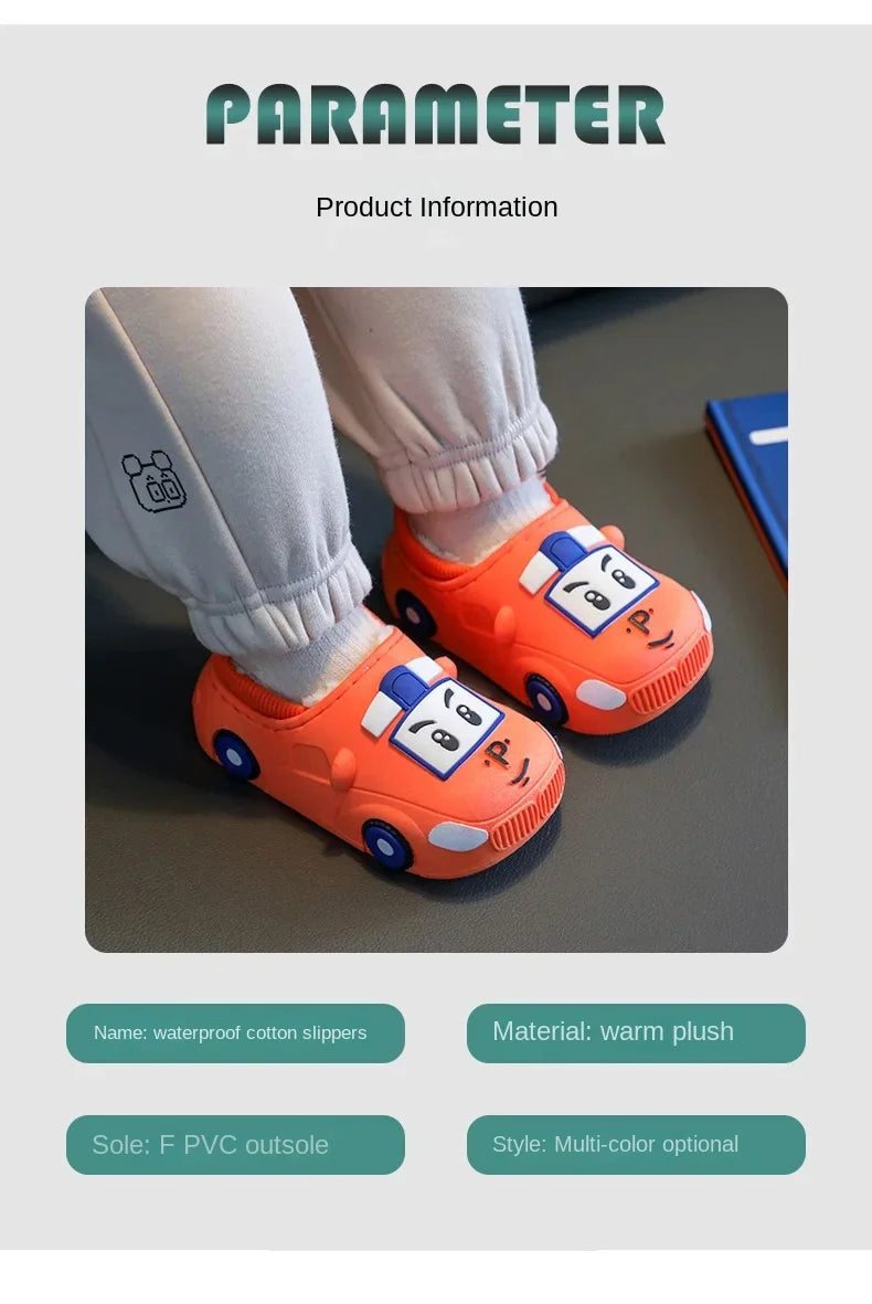 Cartoon Car Slippers Children Winter Warmer Plush Slides Babi Lovely Indoor Slippers Shoes Kids