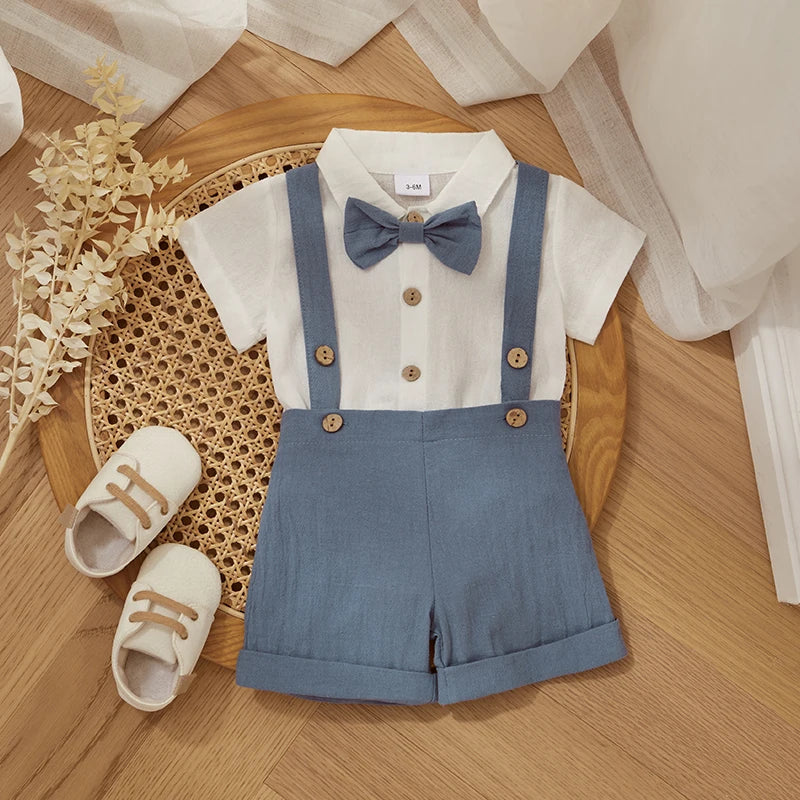 Fashion Summer Baby Boy Clothes Toddler Gentleman Outfits Short Sleeves Romper with Bow Tie Overalls Shorts Set for Formal Wear
