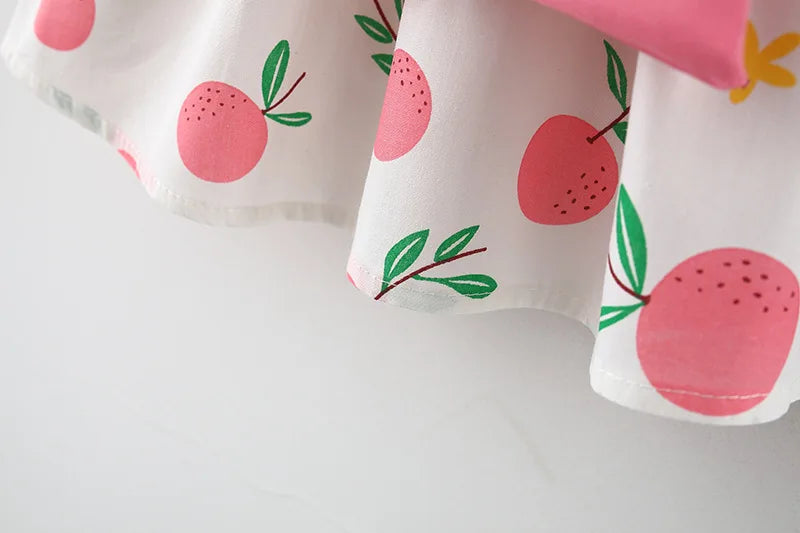 2 PcsSummer New Full of Fruit Print Big Bow Cotton Skirt Girl's Cotton Skirt Free Straw Hat